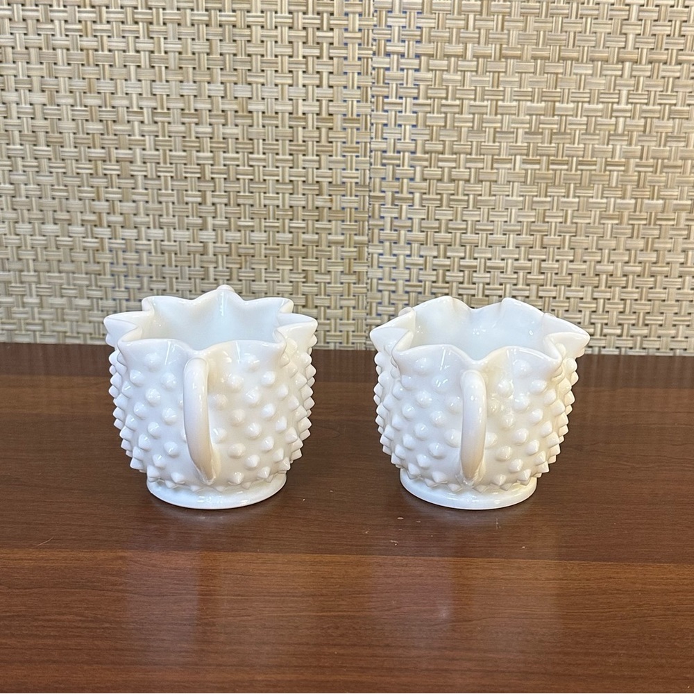 🍁🌟2xHP🌟VTG 1950s Fenton White Hobnail Milk Glass Crimped Edge Cream & Sugar - Picture 5 of 8